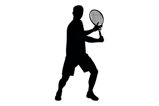 Silhouette of a male tennis player in action holding a racket