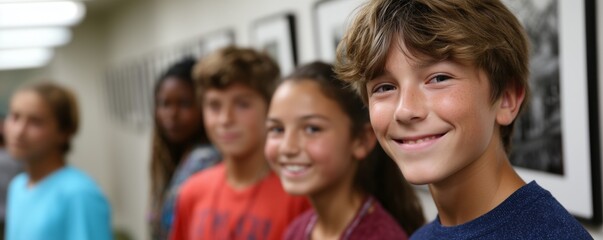 Fototapeta premium Students presenting artwork at a year-end school exhibition event