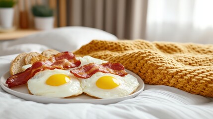 Deliciously Arranged Plate of Food on Cozy Bed with Soft Blanket