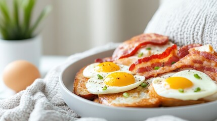 Delicious Bowl of Breakfast with Eggs and Crispy Bacon Served Fresh