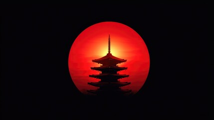 Pagoda silhouette against a vibrant red sun.