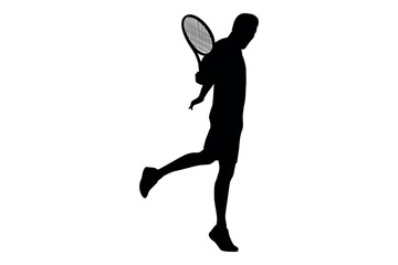 Silhouette of a male tennis player in action with a racquet on a white background
