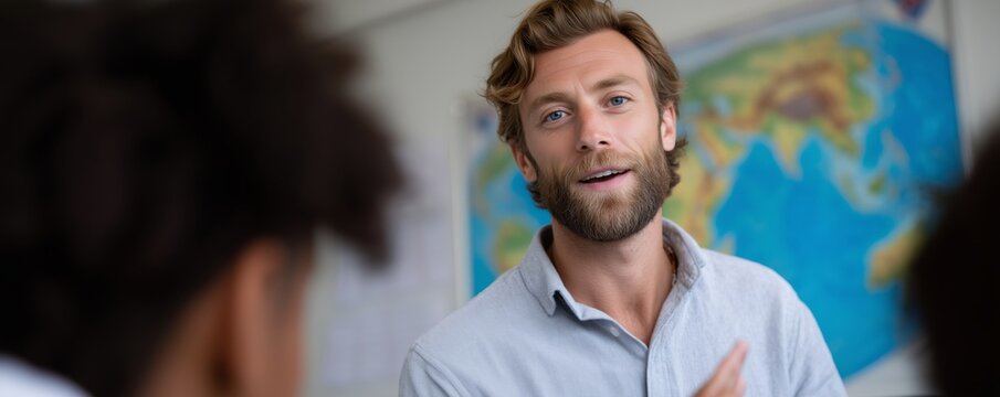 Engaging classroom environment with teacher highlighting documentary for interactive learning