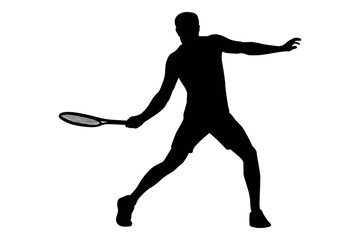 Silhouette of a male tennis player hitting a forehand shot on a white background