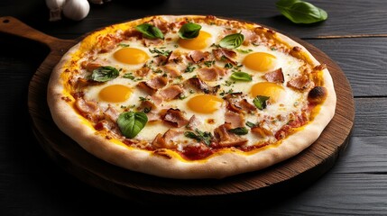 Delicious Pizza Topped with Eggs and Ham Served Hot on Rustic Wooden Board