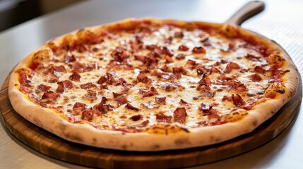 Delicious Gourmet Pizza Topped with Cheese and Bacon in Rustic Setting