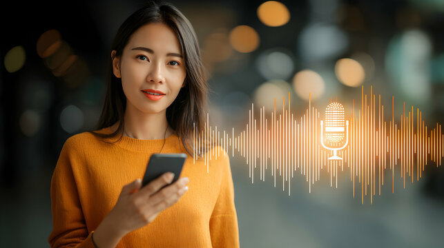 Young Asian Woman Interacting With Audio Wave on Smartphone in Orange Top with Blurred Background