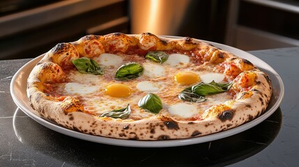Deliciously Baked Pizza on a Plate with Fresh Ingredients and Toppings