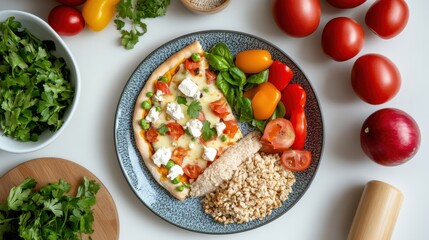 Colorful Plate of Delicious Rice and Fresh Vegetables with Tomatoes
