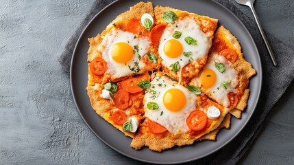 Delicious Breakfast Plate Featuring Fresh Eggs Tomatoes and Greens Delight
