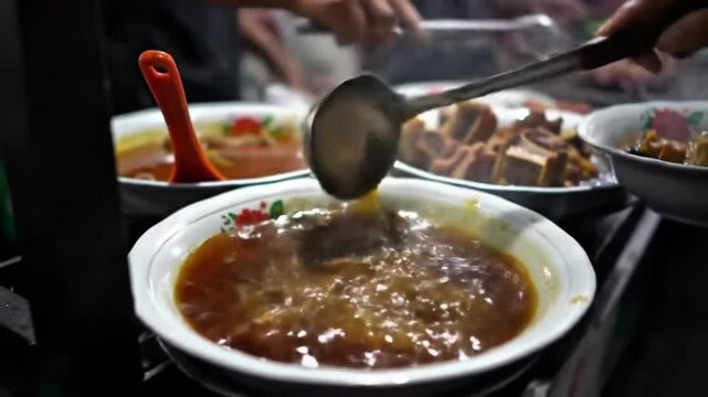 Vibrant Indonesian Night Market Scene Featuring Sate, Gulai Kambing, and Rawon Stalls