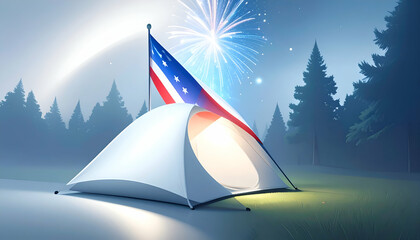 A tent with an american flag set in a forest with fireworks.