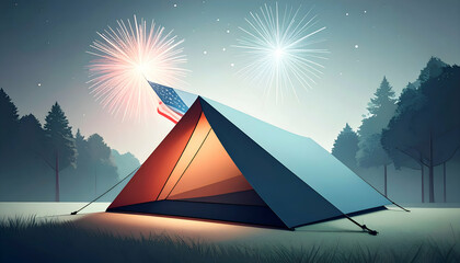 A tent glows under a starlit sky in a forest setting.
