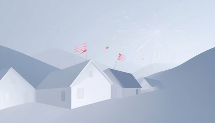 Minimalist illustration of houses nestled among stylized mountains under a light sky.