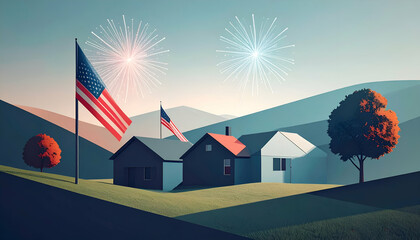 American flag and houses with fireworks in a rural landscape under a blue sky.
