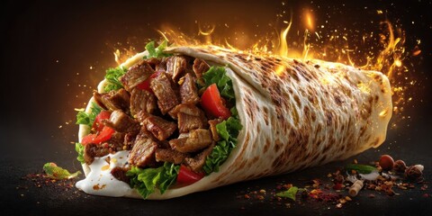 Delicious Grilled Beef or Chicken Shawarma Doner Sandwich with Spices - Food Advertisement Banner