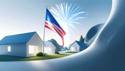 Illustration of houses a waving american flag and fireworks in a blue sky.