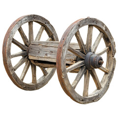 Antique wooden wagon wheels in a rustic, countryside setting. [Transparent Background PNG]