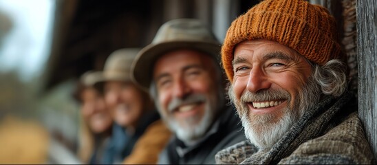 Farmer laughing with friends at fence wide shot camaraderie open land rustic joy