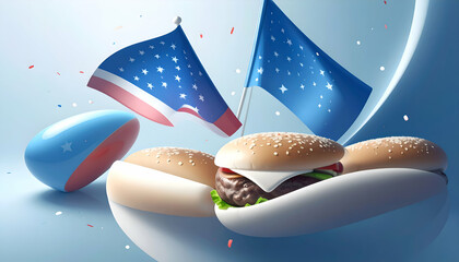 Hamburger sandwiches flags and a beach ball against a blue background.