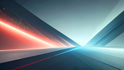 Abstract geometric design with red and blue light streaks intersecting on a dark background.