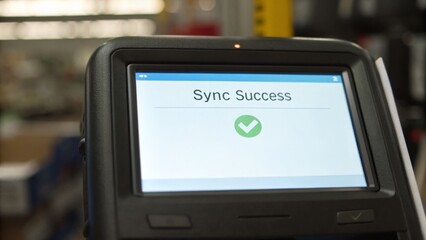 A digital device screen displays "Sync Success" with a green checkmark, indicating successful data synchronization.
