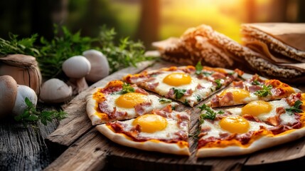 Delicious Gourmet Pizza Topped with Eggs and Crispy Bacon for Breakfast