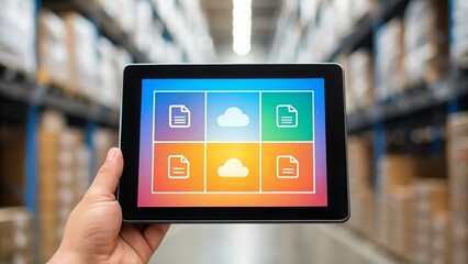 A person holds a tablet with cloud storage icons, inside a warehouse with shelves of boxes in the background.