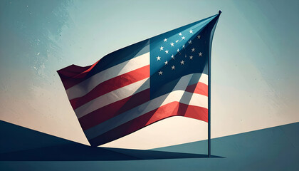 American flag waving in the wind against a gradient background.