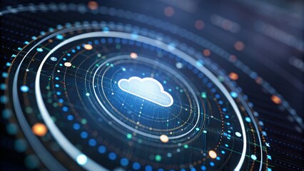 A digital cloud icon at the center of a futuristic network interface with glowing, connected data points.