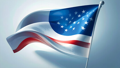 An American flag waves against a gradient blue background.