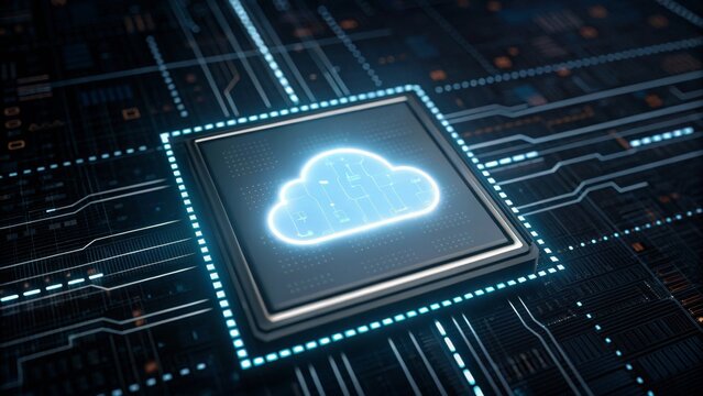 A glowing cloud icon appears on a computer chip, representing cloud computing technology and digital data infrastructure.