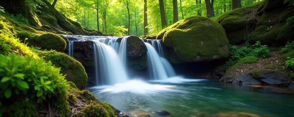 Serene springtime waterfall cascading over mossy rocks, sunlight dappling the lush green forest Perfect for nature, travel, and serenity themes , environment, nature, scenery