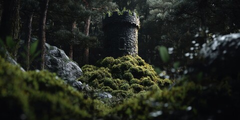 Eerie Stone Tower in Mossy Forest Setting