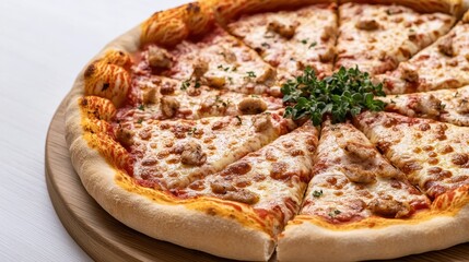 Delicious Pizza Topped with Savory Meat and Melted Cheese on Wooden Board
