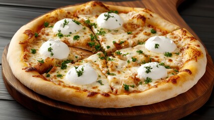 Delicious Pizza with Melted Cheese Served on Rustic Wooden Board