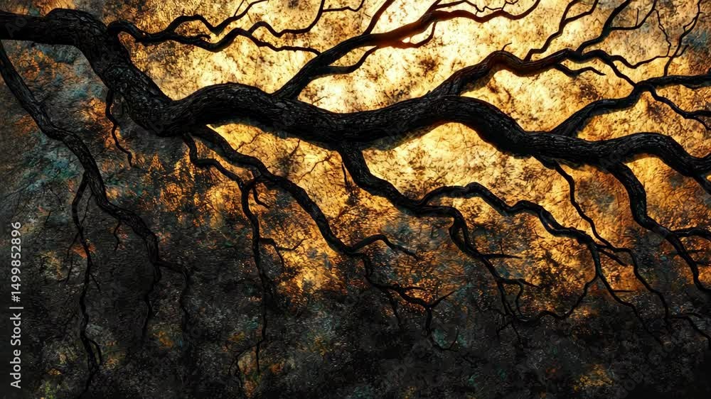 Poster tree branches against a golden light abstract, backlit with intricate texture detail background.