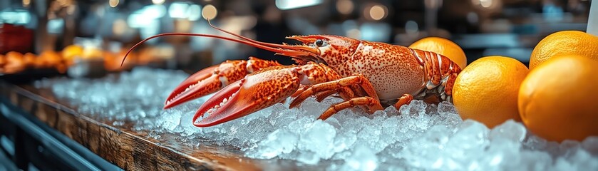 Lobster on bed of ice, rustic wood counter, market day