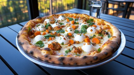 Delicious Gourmet Pizza Topped with Savory Meat Cheese and Fresh Vegetables