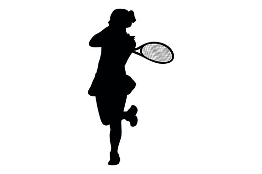 Silhouette of a female tennis player in action hitting a forehand shot