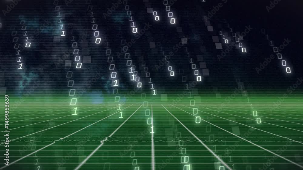 Poster binary digits appearing at top and drifting over green wireframe grid visualizing digital data flow