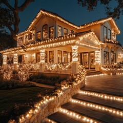 Fototapeta premium Holiday Magic: A Grand House Draped in Twinkling Christmas Lights Illuminates the Night, Spreading Warmth and Festive Cheer