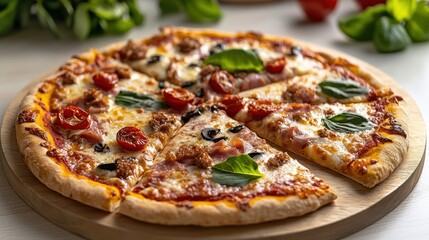 Delicious Pizza Topped with Melted Cheese Fresh Tomatoes and Green Basil