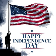 Silhouette of soldier raising American flag on Independence Day. 