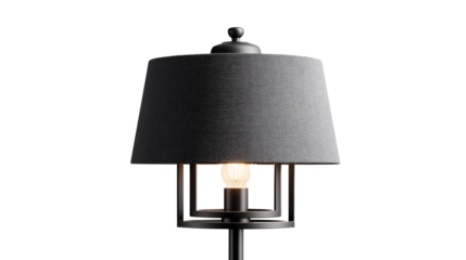 Close-up of a modern floor lamp with a grey fabric shade and a black metal frame