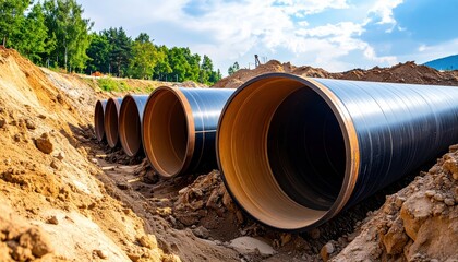 Large stack of industrial metal pipes, construction and plumbing materials