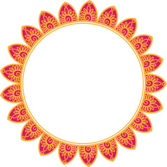 Decorative Mandala Frame with Floral Petal Border,  Circular mandala frame with red and yellow floral petal design on white background.