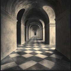 Naklejka premium Mysterious Arched Hallway with Checkerboard Floor: A Dramatic Perspective of Architectural Symmetry, Shadow Play, and Enduring Design Elegance, Perspective Study.