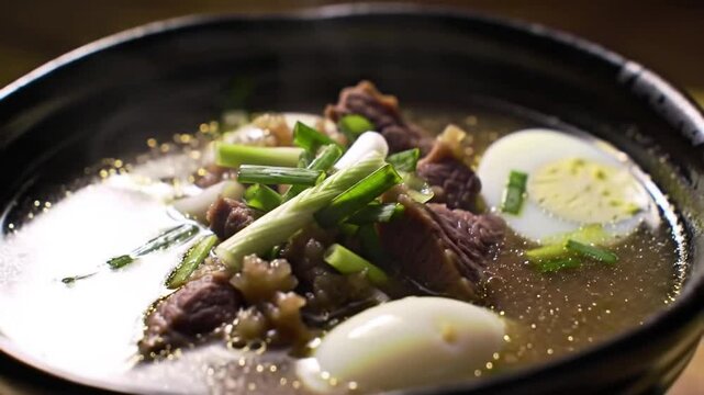 Dramatic Close-Up of Rawon in Black Bowl with Steam and Garnishes 