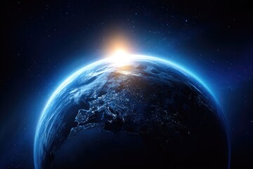 Earth viewed from space, with sunrise.